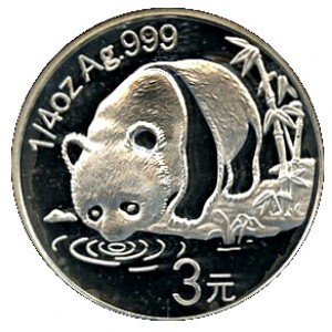 Реверс монеты Китай, 3 юаня, 2007, 25-летие серии «Панда» — Панда, пьющая воду