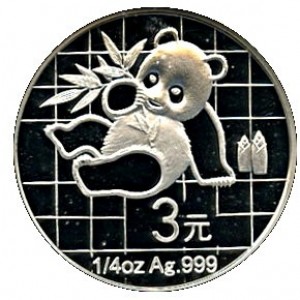 Реверс монеты Китай, 3 юаня, 2007, 25-летие серии «Панда» - Панда (силуэт на геометрическом узоре)