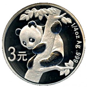 Реверс монеты Китай, 3 юаня, 2007, 25-я годовщина - Монеты с пандой. Панда на дереве