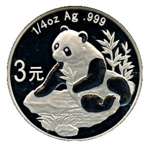 Реверс монеты Китай, 3 юаня, 2007, 25-я годовщина - Монеты с пандой. Панда, сидящая на камне