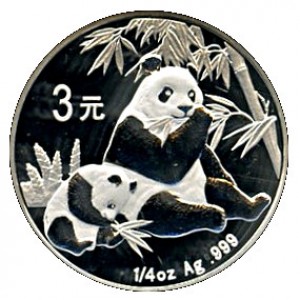 Реверс монеты Китай, 3 юаня, 2007, 25-я годовщина - Монеты с пандой. Сидящая панда с детенышем едят бамбук
