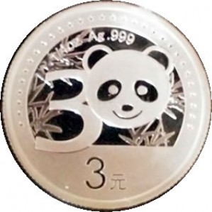 Реверс монеты Китай, 3 юаня, 2012, 30 лет чеканке монет с пандой
