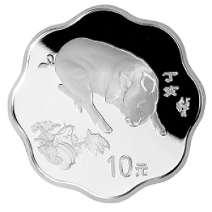 Реверс монеты Китай, 10 юань, 2007, Год свиньи /круг с волнообразным краем/