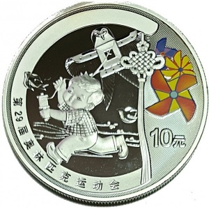 Реверс монеты Китай, 10 юань, 2008, XXIX летние Олимпийские игры, Пекин 2008 - Ребенок с воздушным змеем