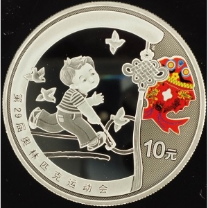 Реверс монеты Китай, 10 юань, 2008, XXIX летние Олимпийские игры, Пекин 2008 - Ребенок с катящимся колесом на палке