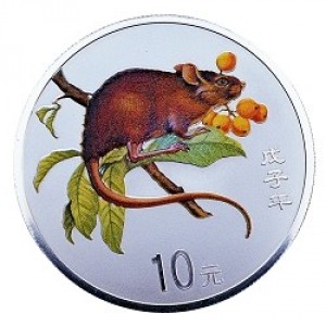 Реверс монеты Китай, 10 юань, 2008, Год крысы, Цветное покрытие