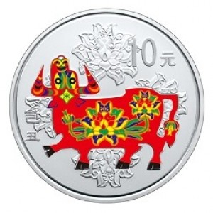 Реверс монеты Китай, 10 юань, 2009, Год быка, Цветное покрытие