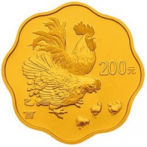 Реверс монеты Китай, 200 юань, 2005, Год Петуха /с волнистым краем/