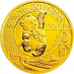 Реверс монеты Китай, 2000 юань, 2012, 30 лет чеканке монет с пандой