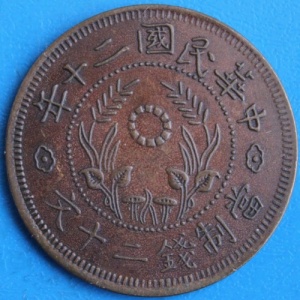Реверс монеты Китай, 20 кэш, 1931