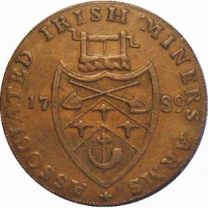 Реверс монеты Ирландия, ½ пенни, 1789, Miners Arms /бронза/ надпись на гурте - PAYABLE IN LANCASTER LONDON OR BRISTOL