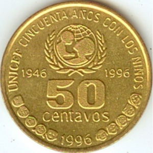 Реверс монеты Аргентина, 50 сентаво, 1996, 50 лет ЮНИСЕФ