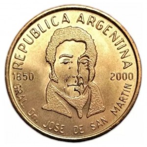 Аверс монеты Аргентина, 50 сентаво, 2000, 150 лет со дня смерти Хосе де Сан-Мартина