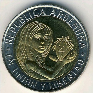 Аверс монеты Аргентина, 1 песо, 1996, 50 лет ЮНИСЕФ
