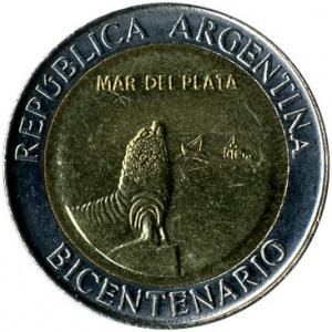 Аверс монеты Аргентина, 1 песо, 2010, 200 лет Аргентине - Мар-дель-Плата