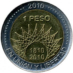 Реверс монеты Аргентина, 1 песо, 2010, 200 лет Аргентине - Мар-дель-Плата