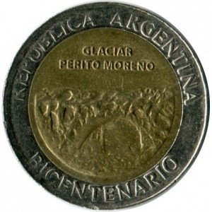 Аверс монеты Аргентина, 1 песо, 2010, 200 лет Аргентине - ледник Перито-Морено