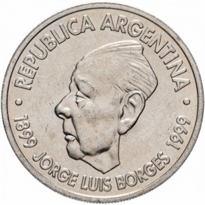 Аверс монеты Аргентина, 2 песо, 1999, 100 лет со дня рождения Хорхе Луиса Борхеса