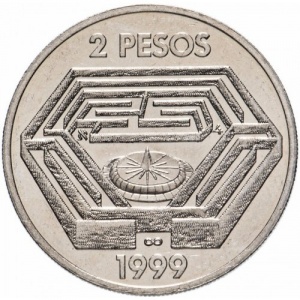 Реверс монеты Аргентина, 2 песо, 1999, 100 лет со дня рождения Хорхе Луиса Борхеса
