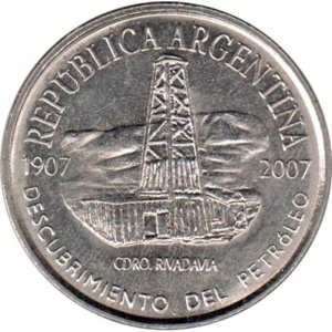 Аверс монеты Аргентина, 2 песо, 2007, 100 лет нахождению нефти в Аргентине