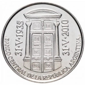 Аверс монеты Аргентина, 2 песо, 2010, 75 лет Центральному банку Аргентины