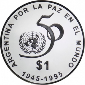Реверс монеты Аргентина, 1 песо, 1995, 50 лет ООН