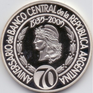 Аверс монеты Аргентина, 1 песо, 2005, 70 лет Центральному Банку Аргентины