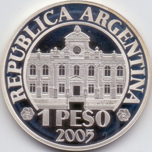 Реверс монеты Аргентина, 1 песо, 2005, 70 лет Центральному Банку Аргентины