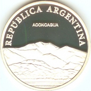 Аверс монеты Аргентина, 1 песо, 2010, 200 лет Аргентине - вулкан Аконкагуа