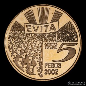 Реверс монеты Аргентина, 5 песо, 2002, 50 лет со дня смерти Эвы Перон