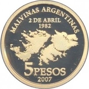Реверс монеты Аргентина, 5 песо, 2007, 25 лет оккупации Фолклендских островов