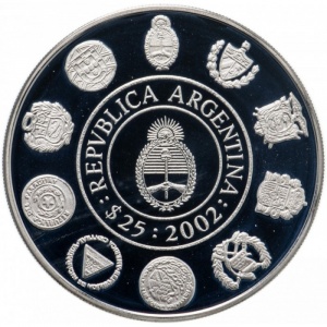 Аверс монеты Аргентина, 25 песо, 2002, Парусник "Presidente Sarmiento"