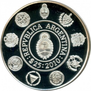 Аверс монеты Аргентина, 25 песо, 2010, Иберо-Америка - Исторические монеты
