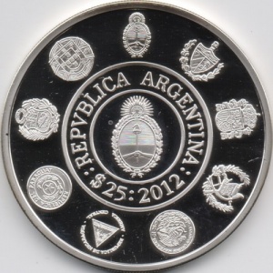Аверс монеты Аргентина, 25 песо, 2012, 20 лет Иберо-Американской серии