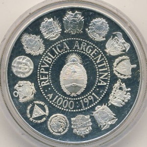 Аверс монеты Аргентина, 1000 аустралей, 1991, 500 лет открытию Америки