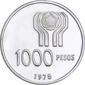 Реверс монеты Аргентина, 1000 песо, 1977-1978, Чемпионат мира по футболу, Аргентина 1978