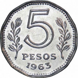 Реверс монеты Аргентина, 5 песо, 1961-1968