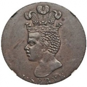 Аверс монеты Барбадос, 1 пенни, 1788, Малая голова, большой ананас