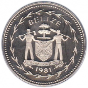 Аверс монеты Белиз, 10 долларов, 1981, Авифауна Белиза - Розовая колпица
