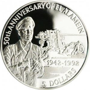 Реверс монеты Белиз, 5 долларов, 1992, 50 лет битве при Эль-Аламейне. Эрвин Роммель.