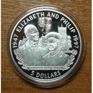 Реверс монеты Белиз, 5 долларов, 1997, 50 лет свадьбе Королевы Елизаветы II и Принца Филиппа
