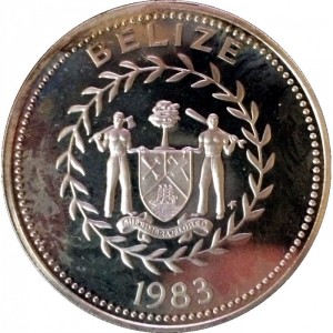 Аверс монеты Белиз, 10 долларов, 1983, Авифауна Белиза - Красногрудый пегий зимородок