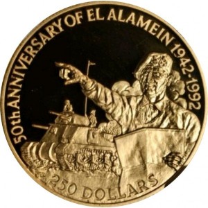Реверс монеты Белиз, 250 долларов, 1992, 50 лет битве при Эль-Аламейне