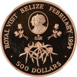 Реверс монеты Белиз, 500 долларов, 1994, Королевский визит