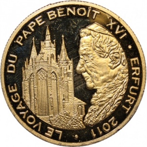 Реверс монеты Бенин, 100 франков, 2011, Визит Папы Бенедикта XVI в Эрфурт