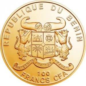 Аверс монеты Бенин, 100 франков, 2010, Знаменитые растения мира - Cannabis sativa /золото/