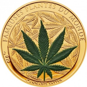 Реверс монеты Бенин, 100 франков, 2010, Знаменитые растения мира - Cannabis sativa /золото/