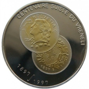 Реверс монеты Бенин, 500 франков, 1997, 100 лет Швейцарской Вренели