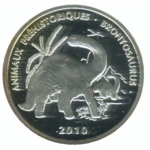 Реверс монеты Бенин, 500 франков, 2010, Бронтозавр