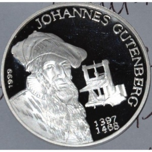 Реверс монеты Бенин, 1000 франков, 1999, Иоганн Гутенберг